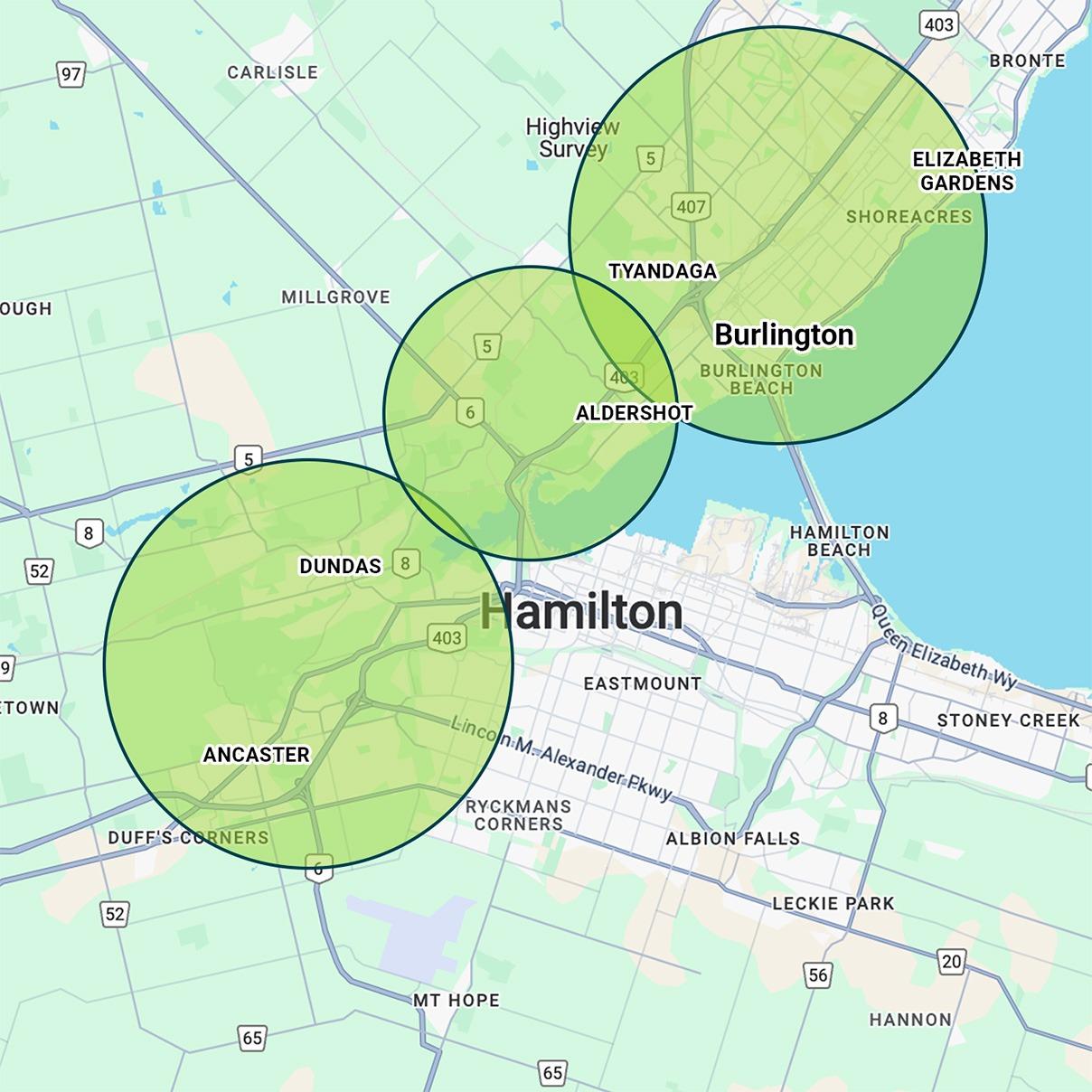 Service area for Bill's Ground Care, including Ancaster, Dundas, and Burlington
