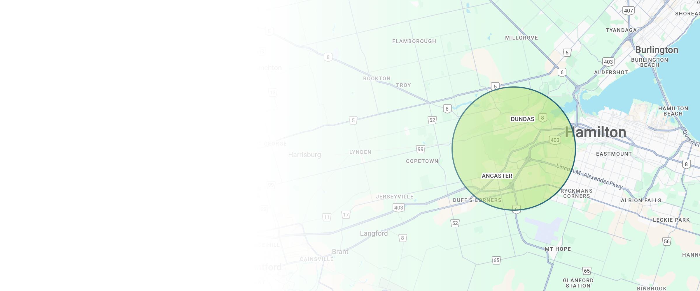 A map highlighting Hamilton area including Dundas, Ancaster, and surrounding regions with major highways and local landmarks like Albion Falls noted.