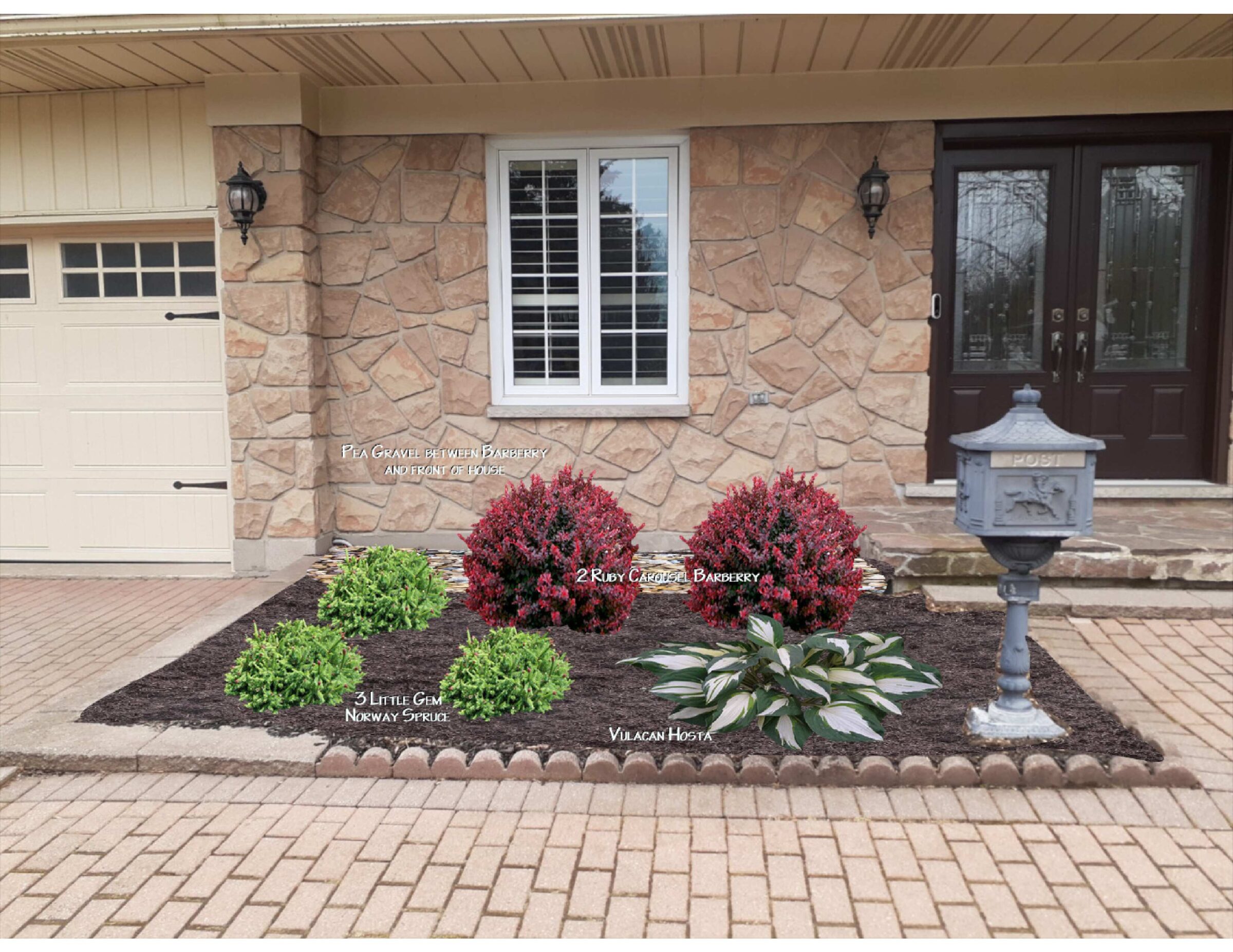 Stone house facade with garage, ornate mailbox, decorative shrubs including barberry, and hosta plants. Stone and brick pathways enhance landscape design.